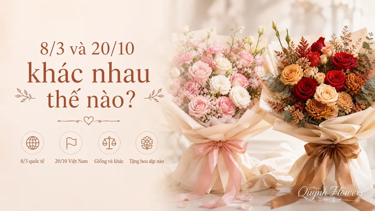 Hai bó hoa sáp cạnh nhau minh họa 8/3 và 20/10 khác nhau