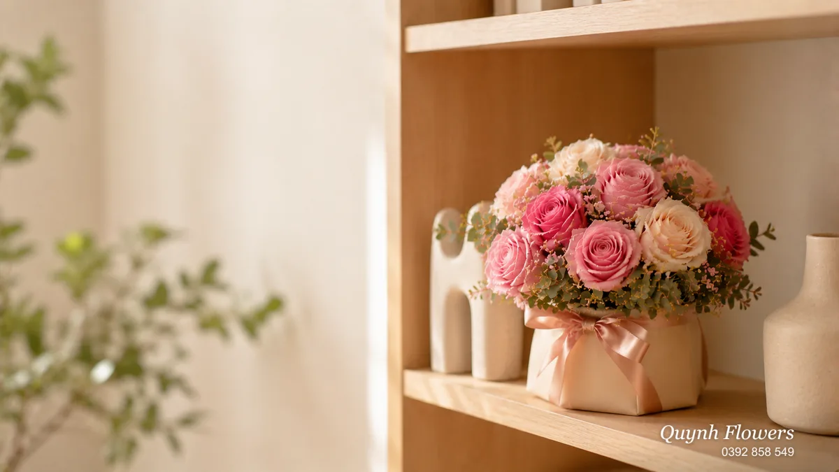 Bó hoa sáp đỏ trắng gói giấy đen bên chậu cây