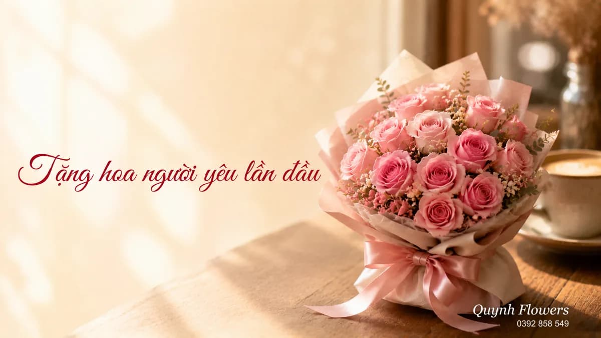 Cặp đôi cầm bó hoa sáp, chàng trai cầm bó hồng đỏ