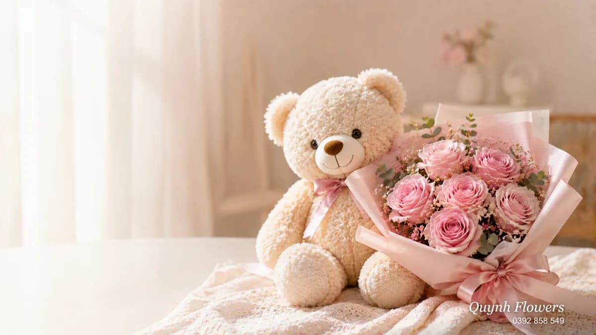 Gấu bông dễ thương kèm bó hoa sáp hồng