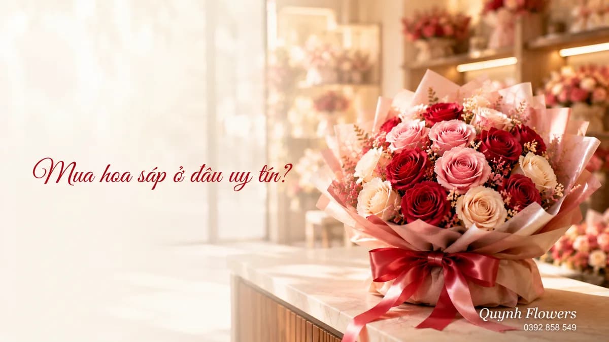 Bó hoa sáp trưng trên quầy tiệm hoa uy tín