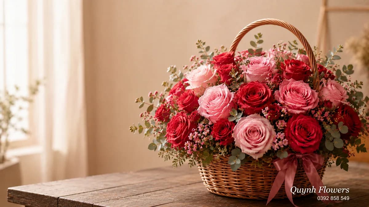 Giỏ hoa sáp đầy đặn đặt trên bàn