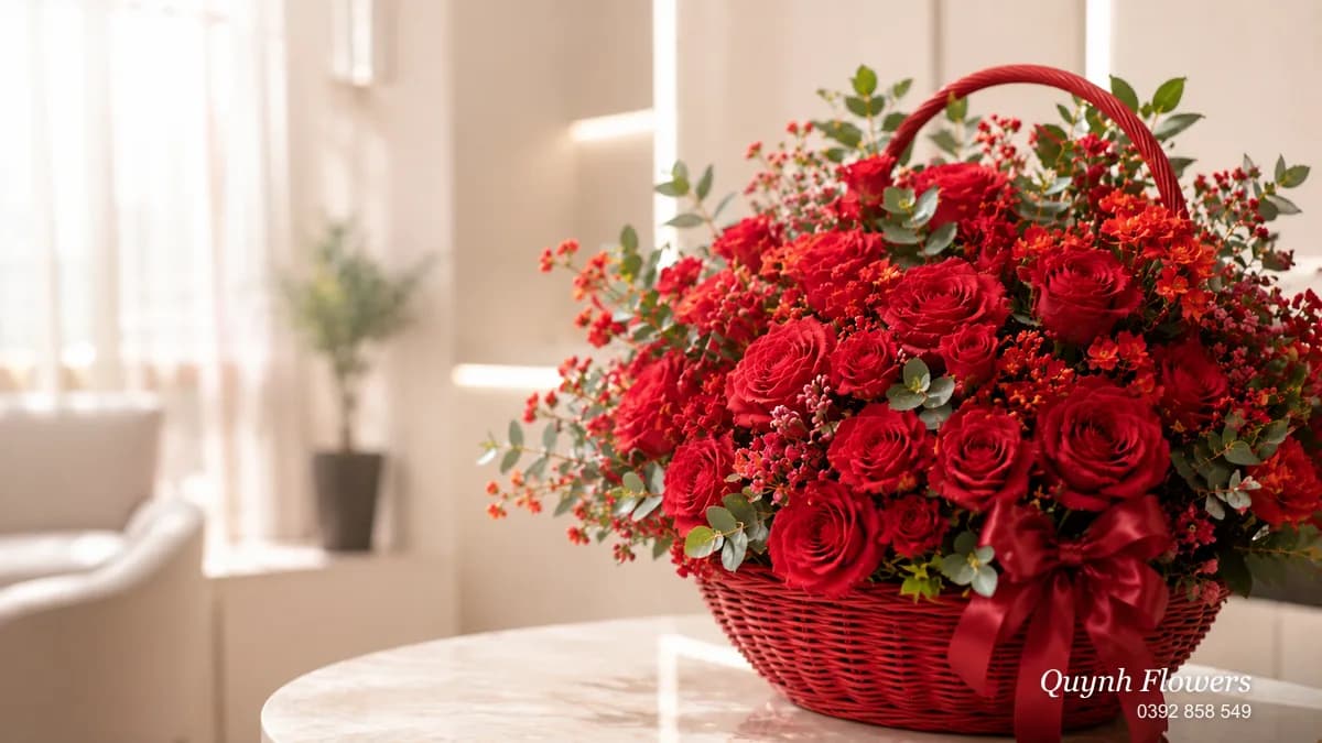 Giỏ hoa sáp đỏ rực rỡ mừng khai trương