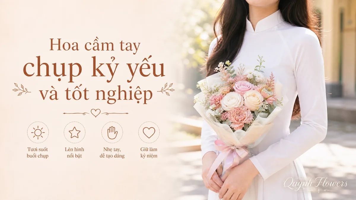 Nữ sinh áo dài trắng cầm bó hoa sáp pastel chụp kỷ yếu