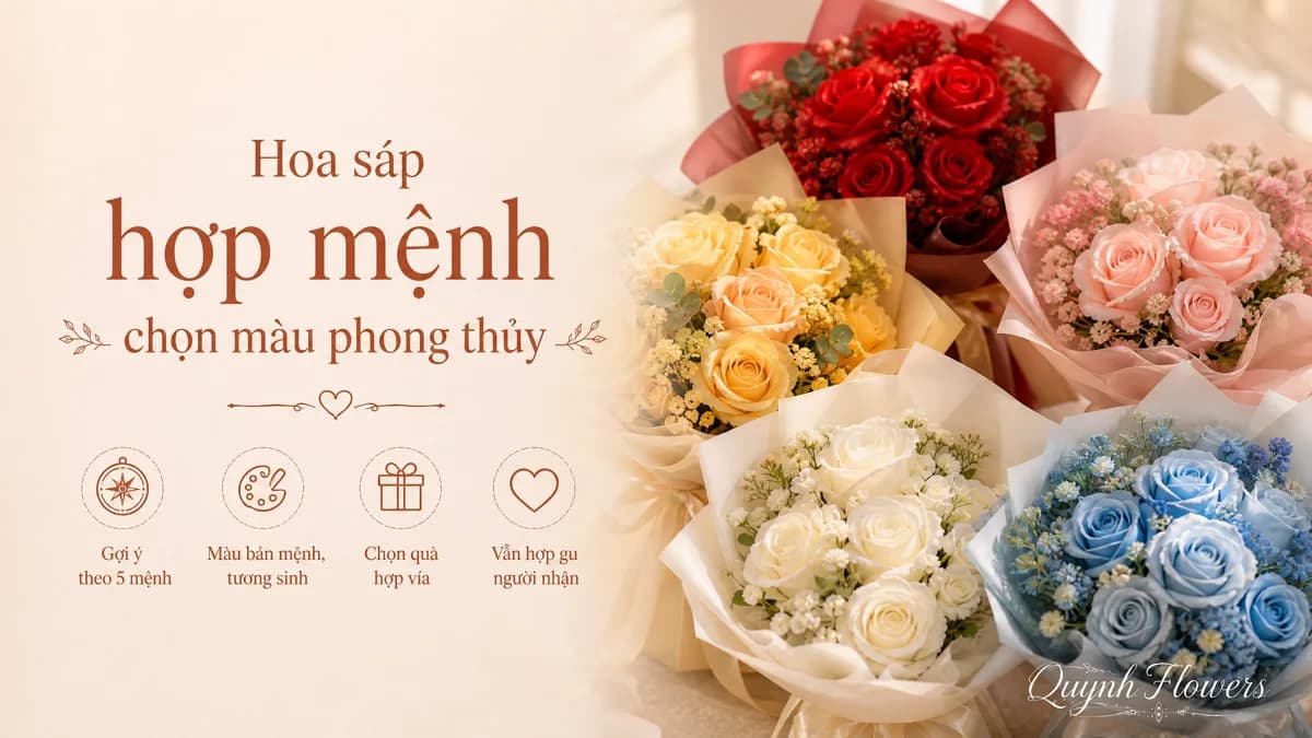 Năm bó hoa sáp màu đỏ, vàng, hồng, trắng, xanh — chọn màu hợp mệnh phong thủy