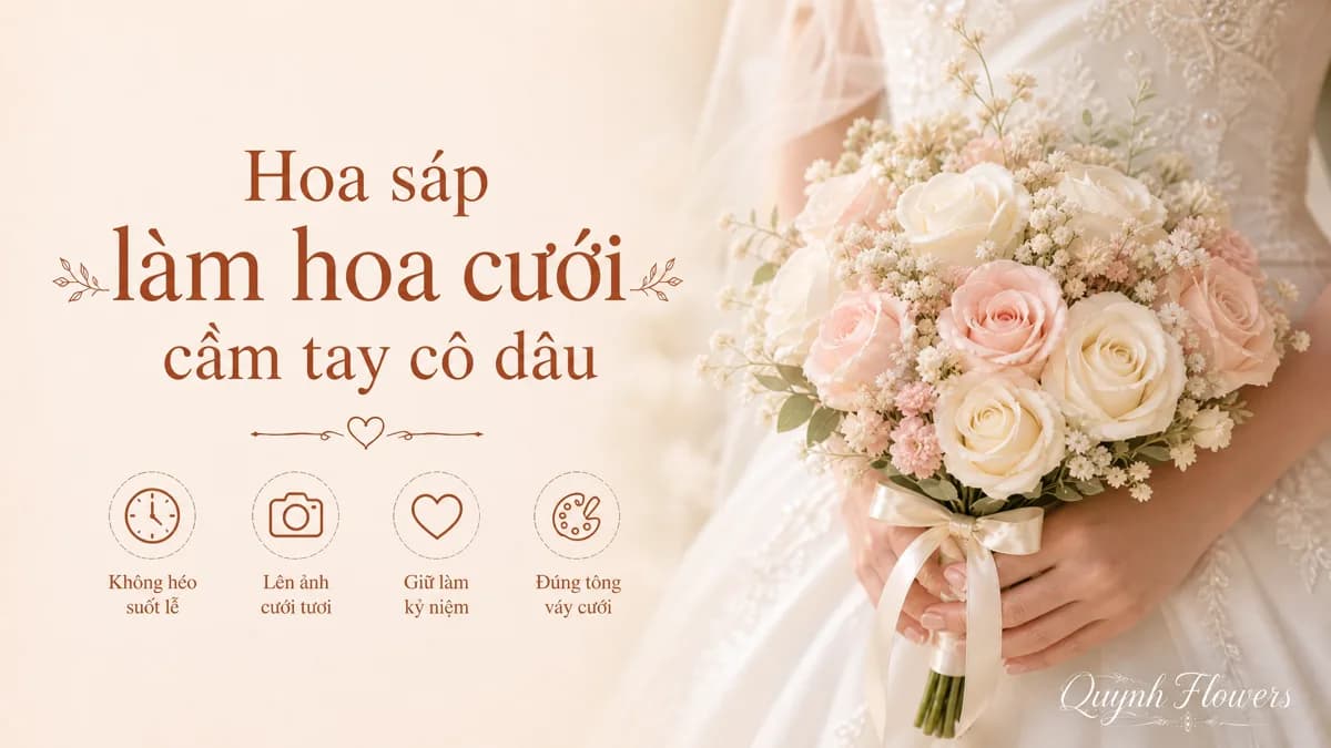 Cô dâu váy trắng cầm bó hoa cưới hoa sáp trắng kem điểm hồng pastel