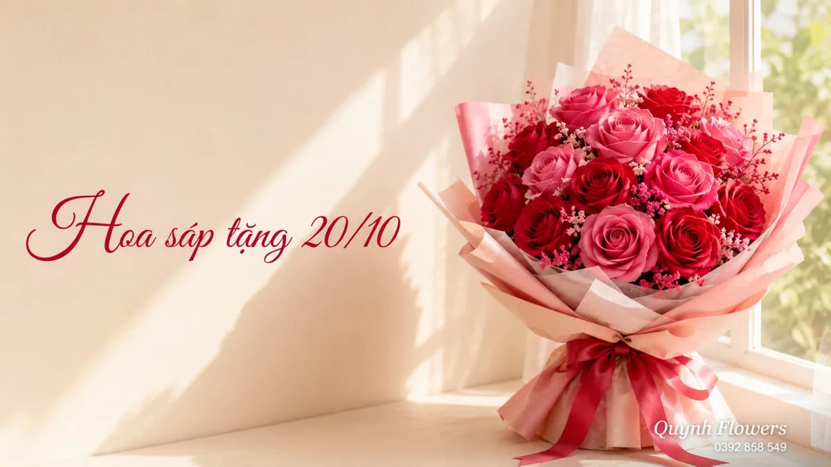 Bó hoa sáp hồng gói giấy nơ đỏ