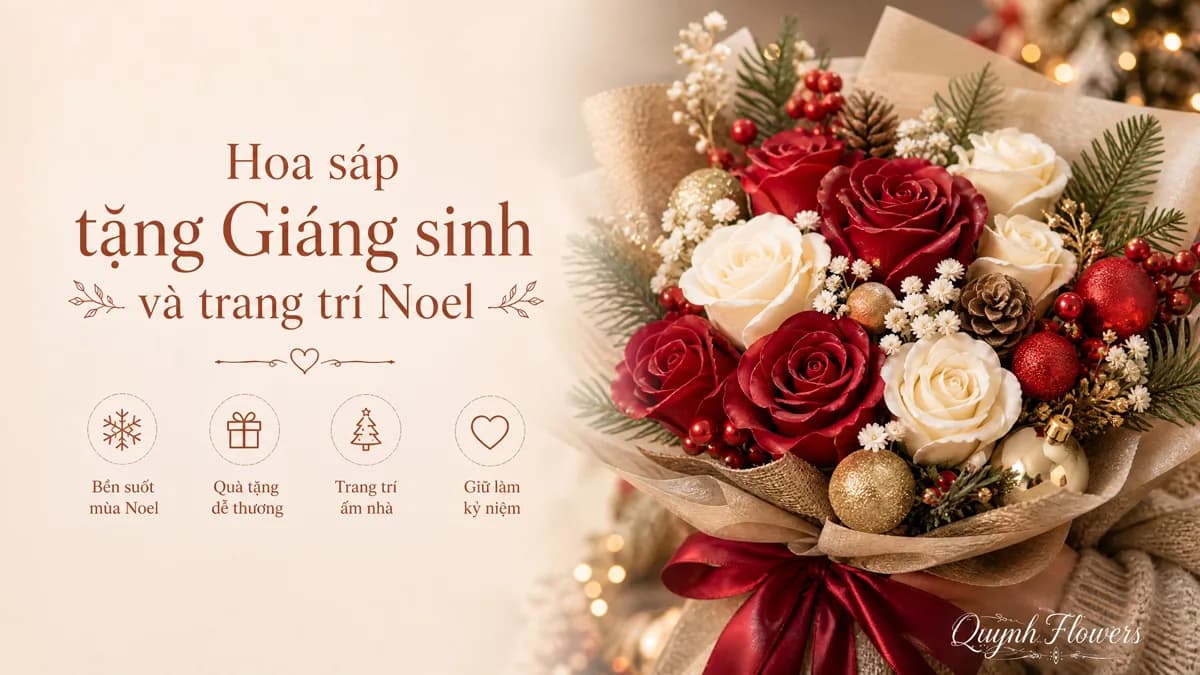 Bó hoa sáp đỏ trắng điểm nhánh thông và quả châu, quà Giáng sinh và trang trí Noel