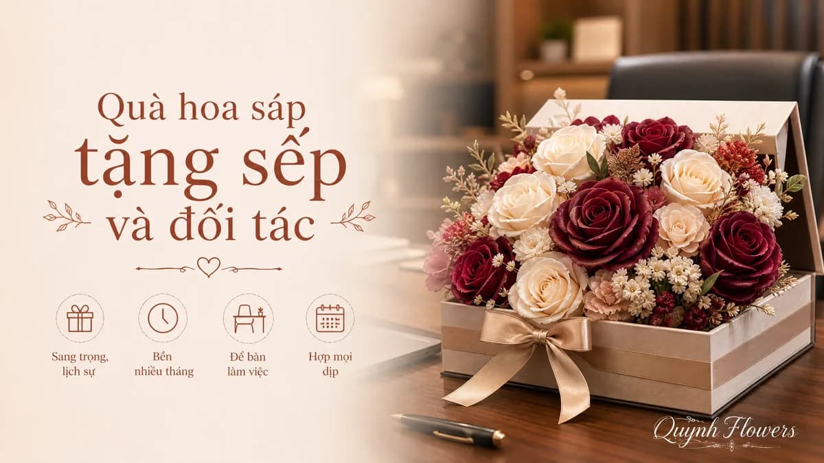Hộp hoa sáp đỏ mận và kem đặt trên bàn làm việc, quà tặng sếp và đối tác