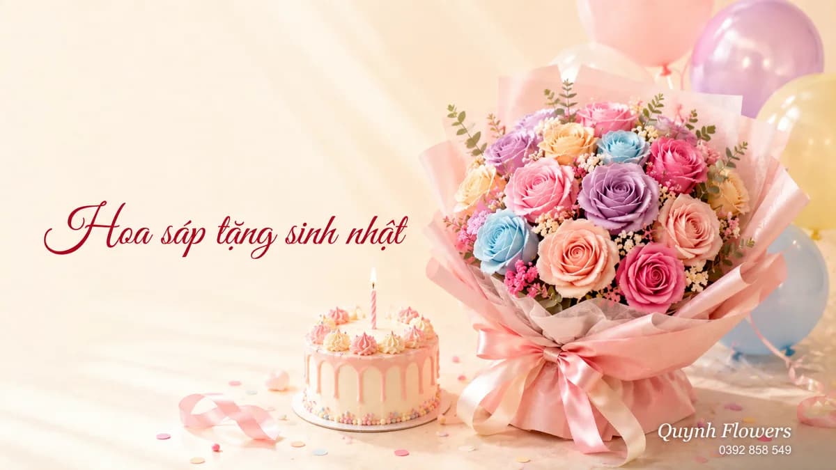 Bánh sinh nhật nhỏ bên khóm hồng hồng