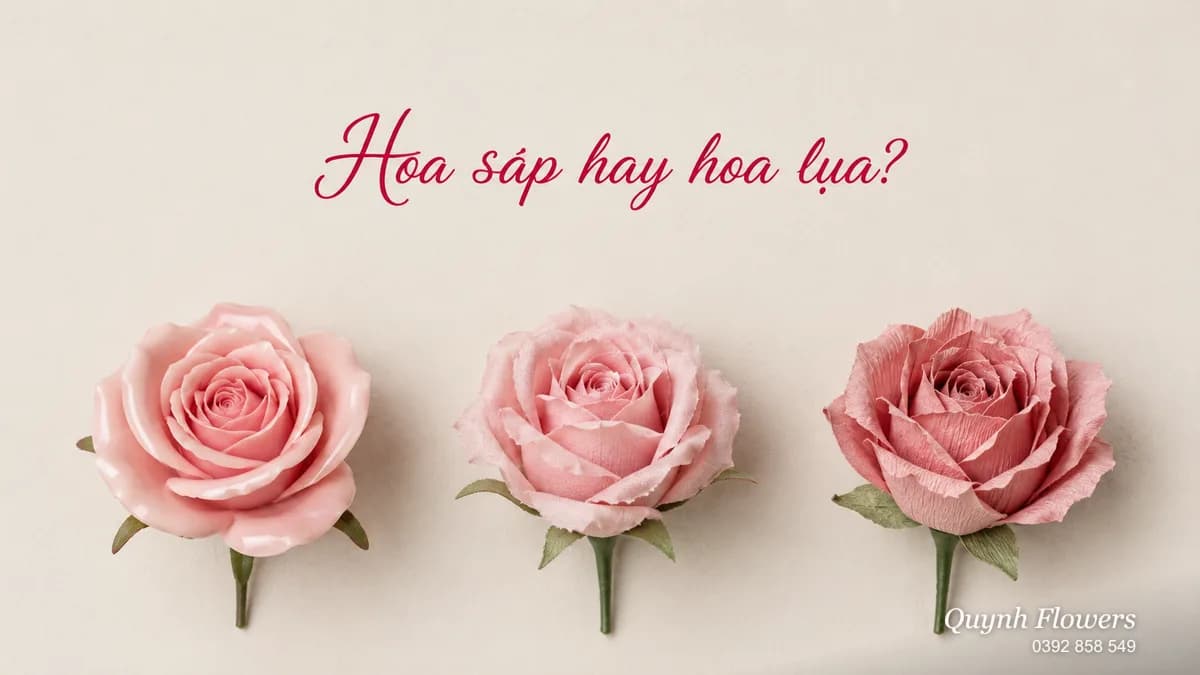 Ba bông hồng sáp, lụa và giấy đặt so sánh