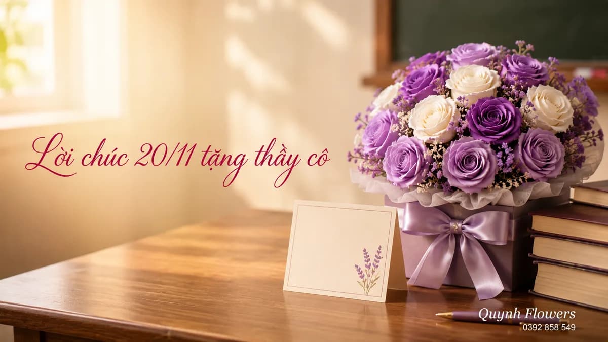 Hộp hoa sáp tím trắng trên bàn giáo viên