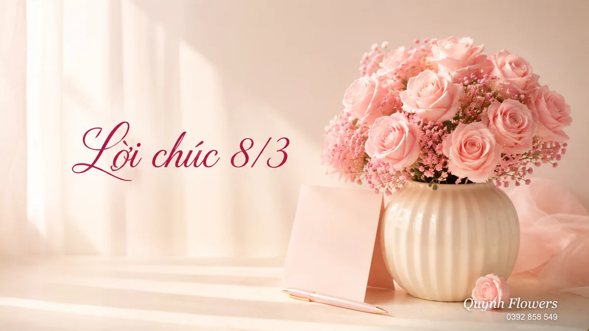 Bó hoa sáp hồng phấn cắm lọ gốm bên thiệp 8/3