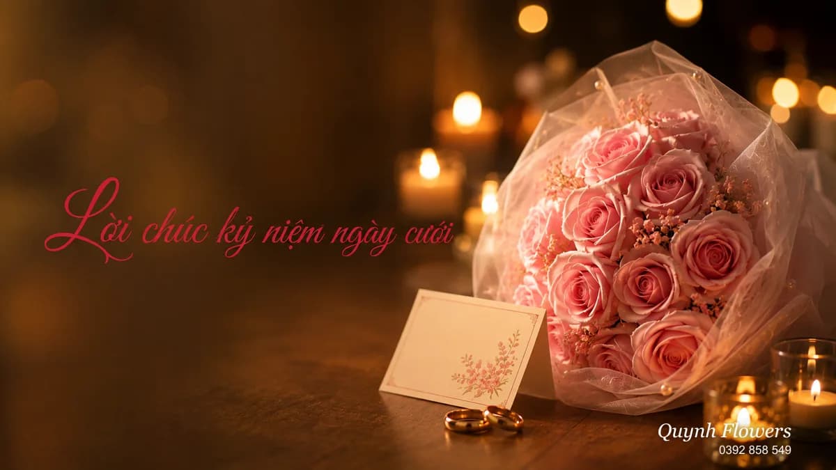 Bó hoa sáp hồng phủ voan và nhẫn cưới bên ánh nến