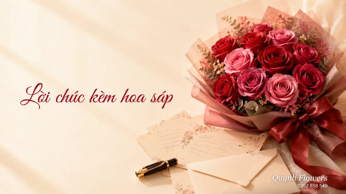 Bó hoa sáp bên cạnh tấm thiệp chúc