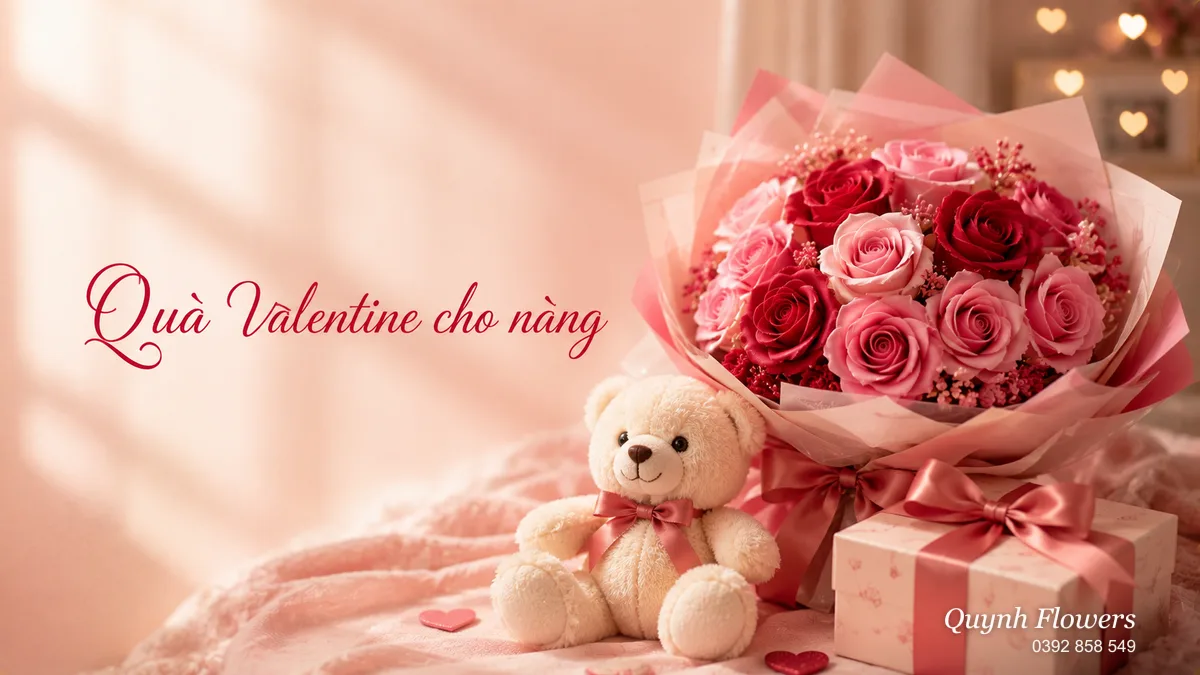Set quà Valentine gồm hoa sáp, gấu bông và hộp quà